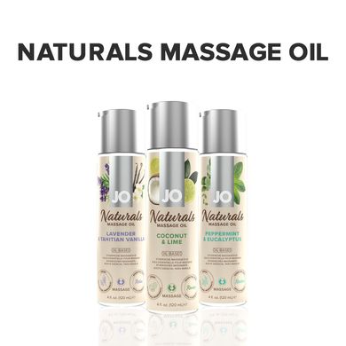 Масажна олія System JO – Naturals Massage Oil – Coconut & Lime з натуральними ефірними оліями (120 мл), кокос, лайм