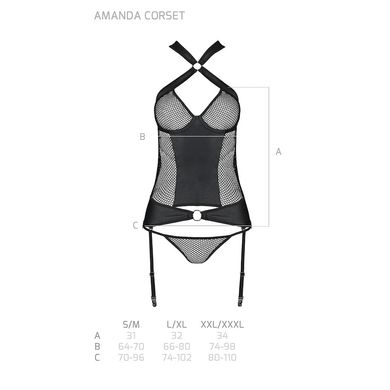 Сетчатый комплект корсет с халтером, съемные подвязки и трусики Amanda Corset black XXL/XXXL - Passion