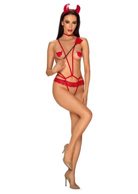Еротичний костюм чортика зі стреп Obsessive Evilia teddy red L/XL, боді, чокер, накладки на соски
