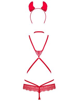 Эротический костюм чертика из стреп Obsessive Evilia teddy red L/XL, боди, чокер, накладки на соски