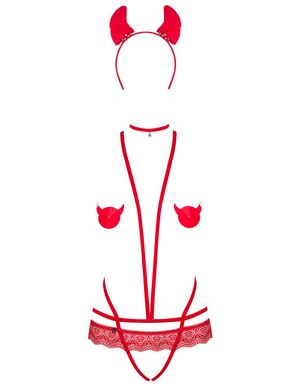 Эротический костюм чертика из стреп Obsessive Evilia teddy red S/M, боди, чокер, накладки на соски