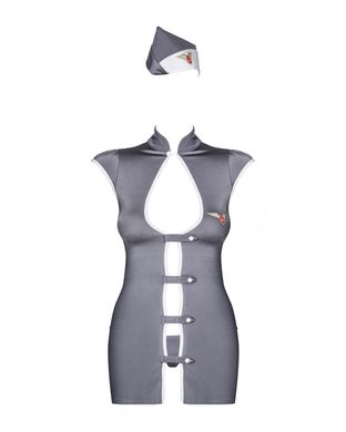 Еротичний костюм стюардеси Obsessive Stewardess 3 pcs costume grey L/XL, сірий, сукня, стрінги, пілотка