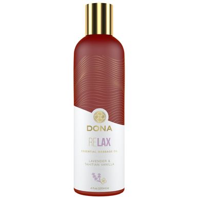 Натуральное массажное масло DONA Relax — Lavender & Tahitian Vanilla (120 мл) с эфирными маслами, лаванда и таитянская ваниль