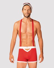 Чоловічий еротичний костюм Санта-Клауса Obsessive Mr Claus 2XL/3XL, боксери на підтяжках, шапочка