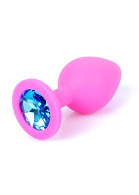 Анальна пробка з блакитним кристалом Plug-Jewellery Pink Silicon PLUG Medium-Light Blue Diamond