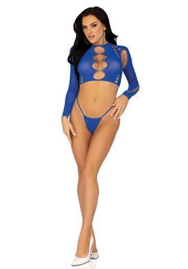 Комплект Leg Avenue Long sleeve crop top & string Royal Blue One Size, топ, стрінги