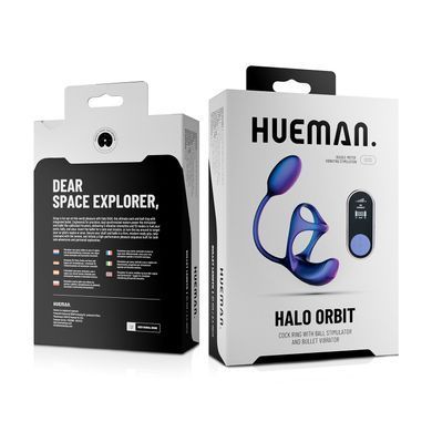 Віброяйце з ерекційним кільцем Hueman Halo Orbit, масаж яєчок, пульт ДК