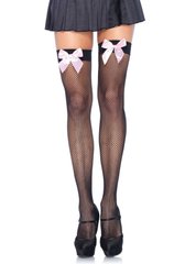 Leg Avenue Fishnet Thigh Highs With Bow OS Black & Pink