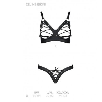Комплект з екошкіри Celine Bikini black S/M — Passion: відкритий бра зі стрічками, стрінги зі шнурівкою