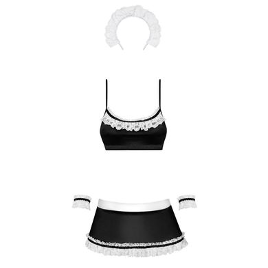 Атласный эротический костюм горничной Obsessive Maid set S/M, black, топ, юбка, стринги, манжеты