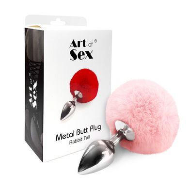 Металева анальна пробка М Art of Sex — Bunny Tails Butt plug, Ніжно-рожевий