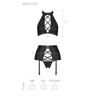 Комплект з еко-шкіри з імітацією шнурівки Nancy Set black S/M - Passion топ, трусики та пояс для панчох